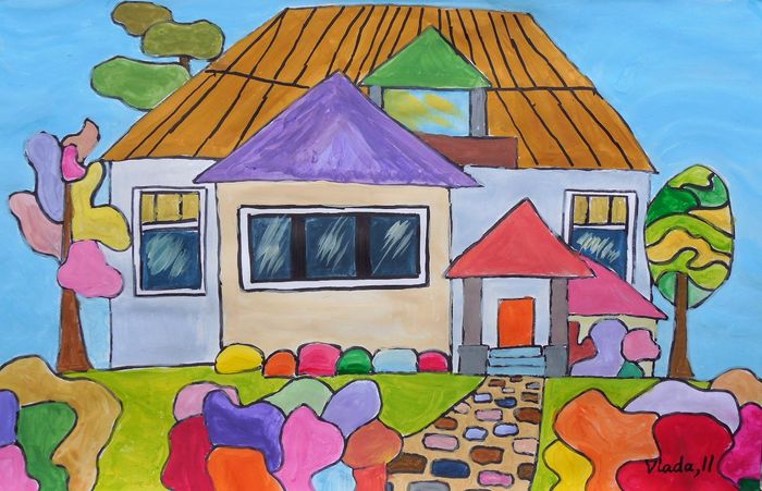 Art Studio PALETTE. Vladyslava Kozachok Picture.  Marker, Tempera Landscape Houses 