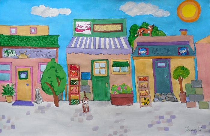 Art Studio PALETTE. Jennie Fang Picture.  Marker, Tempera Landscape Houses 