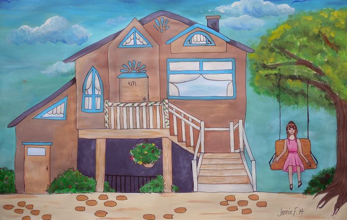 Art Studio PALETTE. Jennie Fang Picture.  Tempera Landscape Houses 