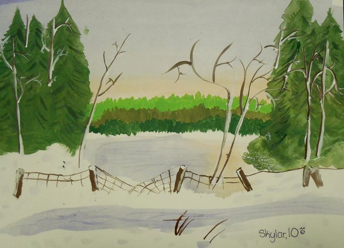 Art Studio PALETTE. Skylar Langille Picture.  Tempera Landscape Winter 
