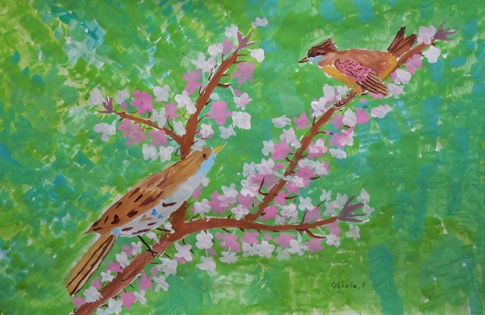 Art Studio PALETTE. Olivia Matvejeva Picture.  Tempera Animals Birds Весенний Разговор