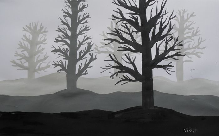 Art Studio PALETTE. Niki Karimali Picture.  Tempera Landscape Trees 