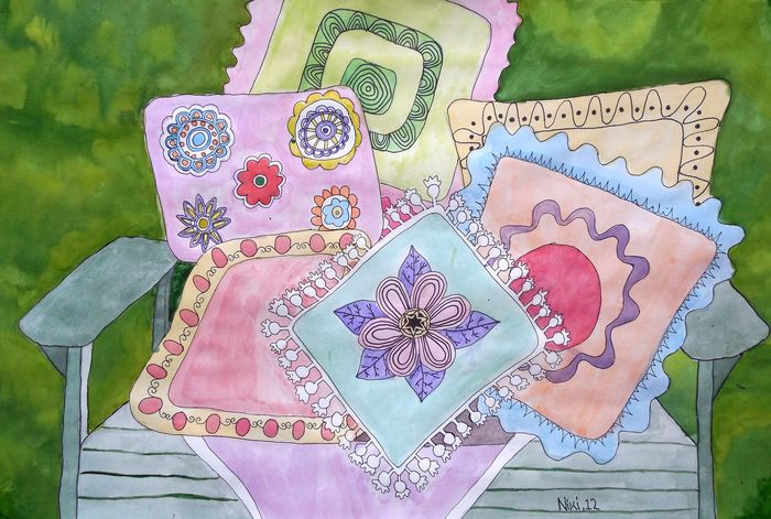 Art Studio PALETTE. Niki Karimali Picture.  Watercolour, Ink Design Fabric 