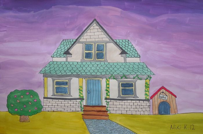 Art Studio PALETTE. Niki Karimali Picture.  Marker, Tempera Landscape Houses 