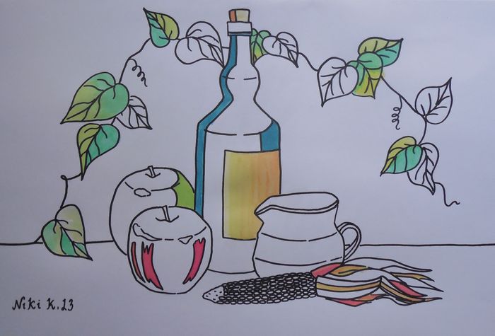 Art Studio PALETTE. Niki Karimali Picture.  Watercolour, Ink Still Life Contour Line Drawing 