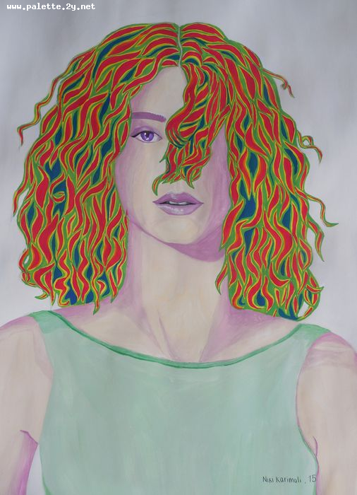 Art Studio PALETTE. Niki Karimali Picture.  Tempera People Portrait Iridescence