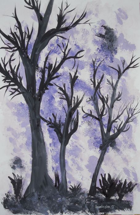 Art Studio PALETTE. Anastasia Adamchuk Picture.  Tempera Landscape Trees 