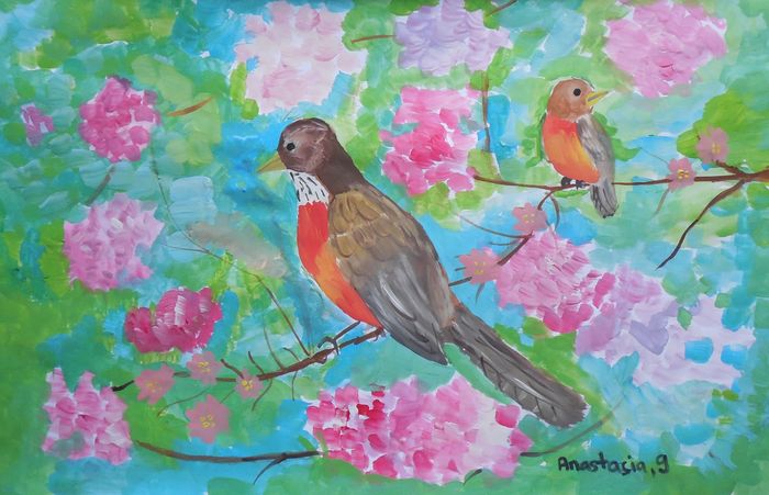 Art Studio PALETTE. Anastasia Adamchuk Picture.  Tempera Animals Birds 