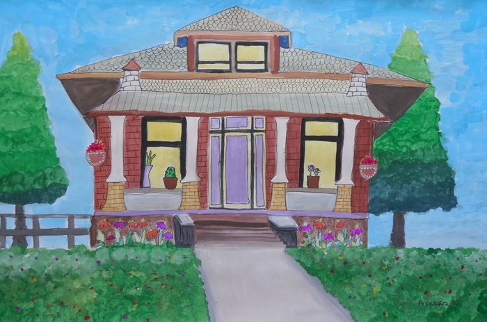 Art Studio PALETTE. Anastasia Adamchuk Picture.  Marker, Tempera Landscape Houses 