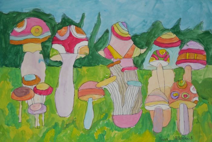 Art Studio PALETTE. Yana Biletska Picture.  Tempera Plants Mushrooms 