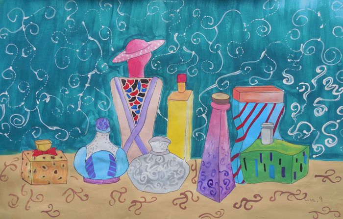 Art Studio PALETTE. Lisa Lei Picture.  Marker, Tempera Still Life Bottles 