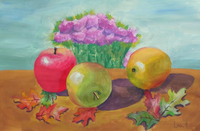 Art Studio PALETTE. Lisa Lei Picture.  Tempera Still Life Fruits & Vegi 