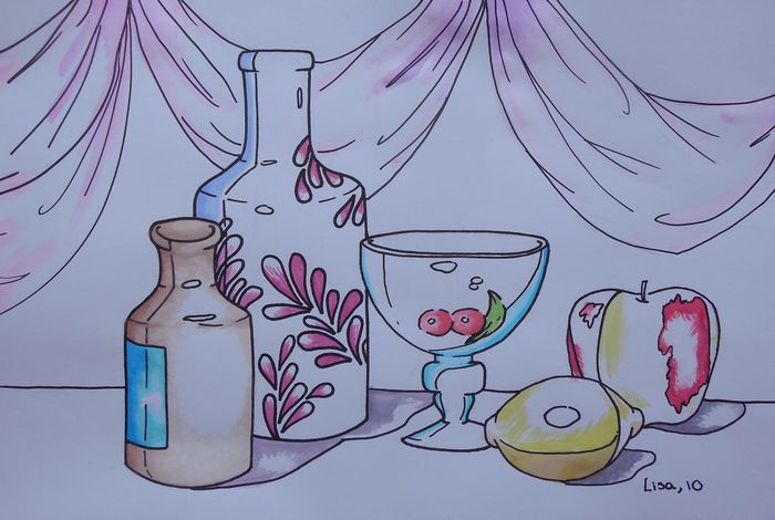 Art Studio PALETTE. Lisa Lei Picture.  Watercolour, Ink Still Life Contour Line Drawing 