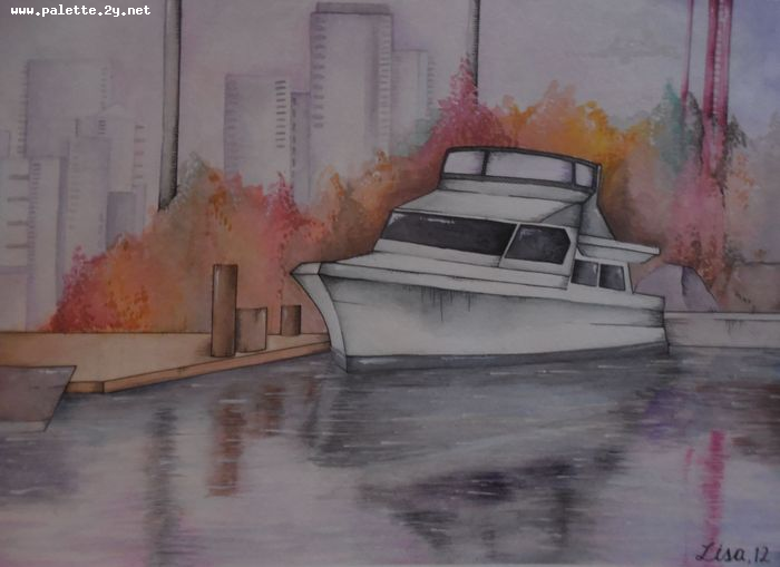 Art Studio PALETTE. Lisa Lei Picture.  Watercolour Landscape Ships 