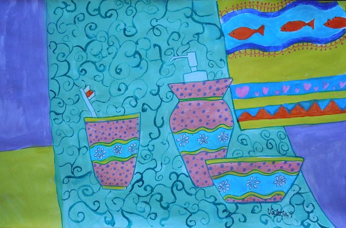 Art Studio PALETTE. Valeria Barbaneagra Picture.  Tempera Still Life Bottles 