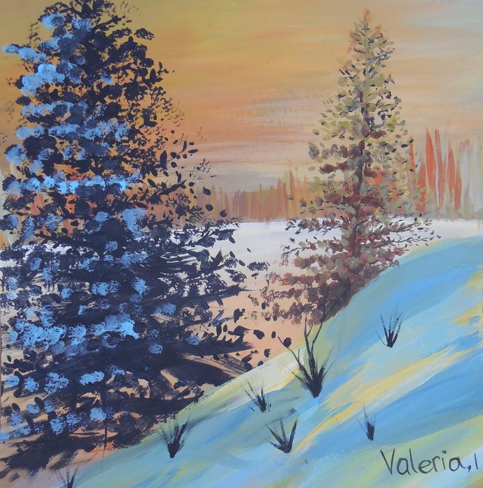 Art Studio PALETTE. Valeria Barbaneagra Picture.  Tempera Landscape Winter 