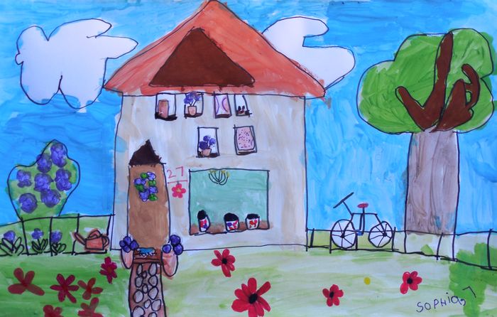 Art Studio PALETTE. Sophia Moore Picture.  Marker, Tempera Landscape Houses 