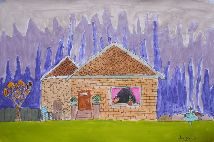 Art Studio PALETTE. Lisa Paskar Picture.  Tempera Landscape Houses 