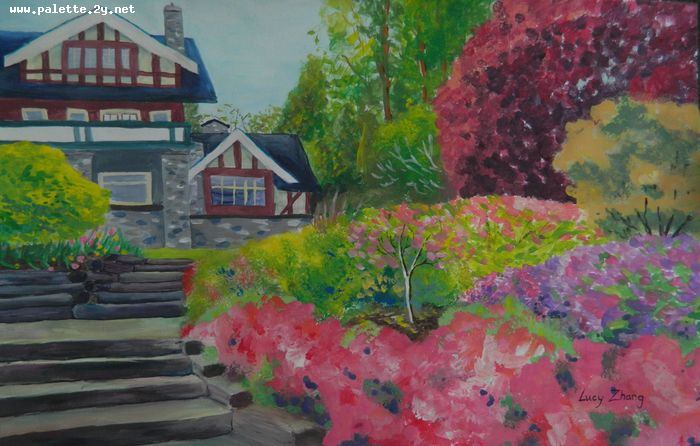 Art Studio PALETTE. Lucy Zhang Picture.  Tempera Landscape Houses 