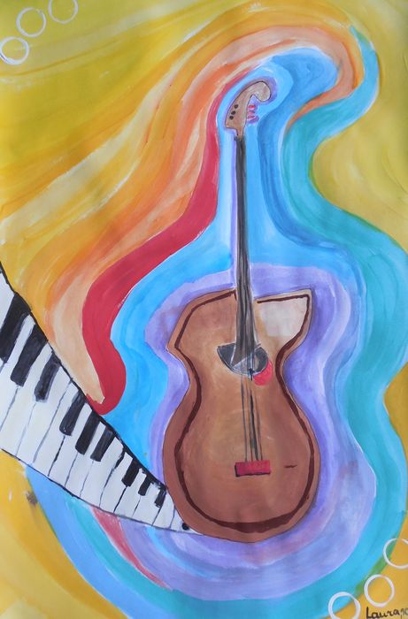 Art Studio PALETTE. Laura Zaviziena Picture.  Tempera Still Life Music 