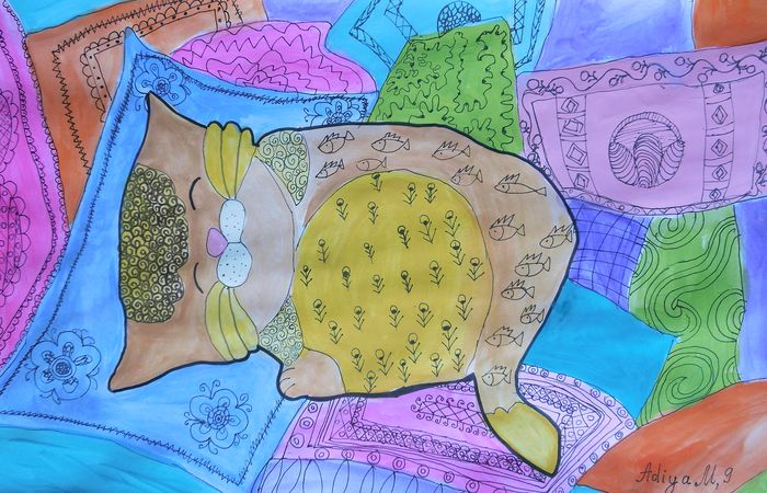 Art Studio PALETTE. Adiya Minassipova Picture.  Watercolour, Ink Animals Cats 