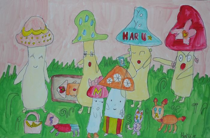 Art Studio PALETTE. Haru Yamanouchi Picture.  Marker, Tempera Plants Mushrooms 