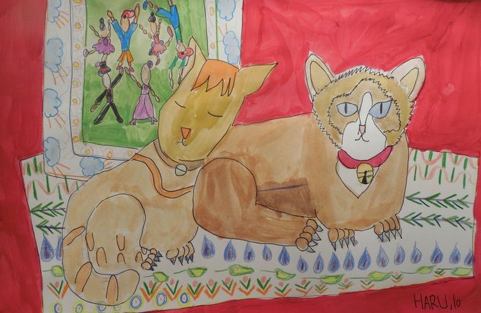 Art Studio PALETTE. Haru Yamanouchi Picture.  Mixed Media Animals Cats 