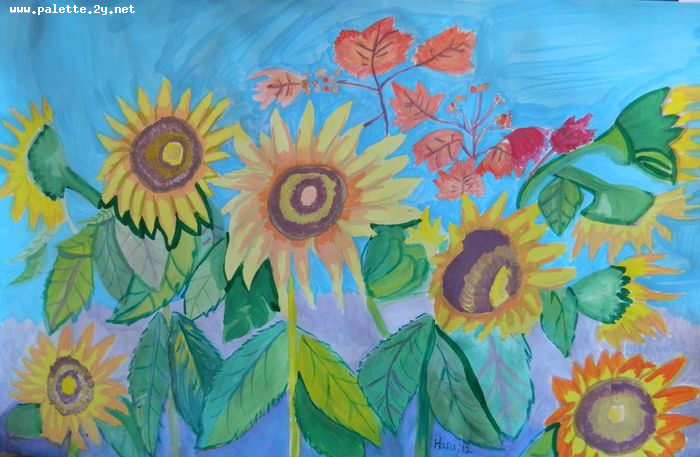 Art Studio PALETTE. Haru Yamanouchi Picture.  Tempera Plants Sunflowers 