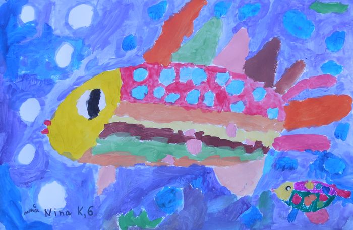 Art Studio PALETTE. Nina Koiava Picture.  Tempera Animals Fish 