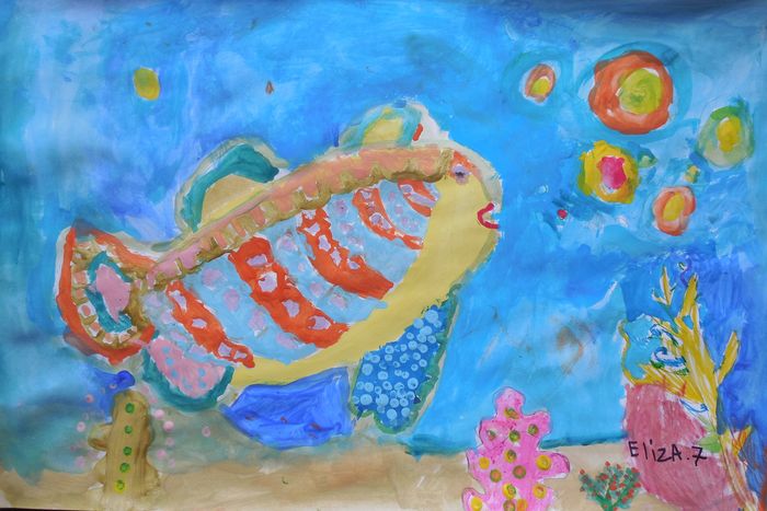 Art Studio PALETTE. Elizabeth Enilenis Picture.  Tempera Animals Fish 