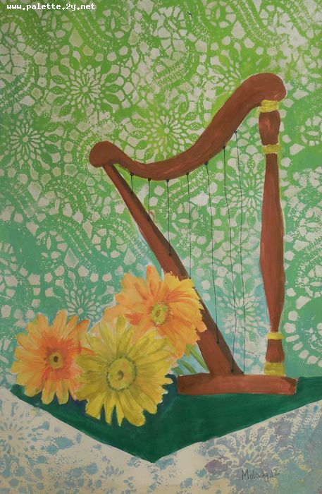 Art Studio PALETTE. Melody Wu Picture.  Tempera Still Life Music 