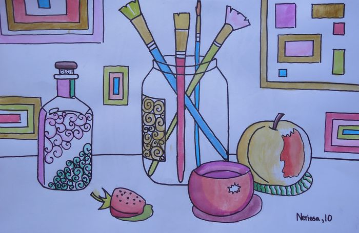 Art Studio PALETTE. Nerissa Wang Picture.  Watercolour, Ink Still Life Contour Line Drawing 
