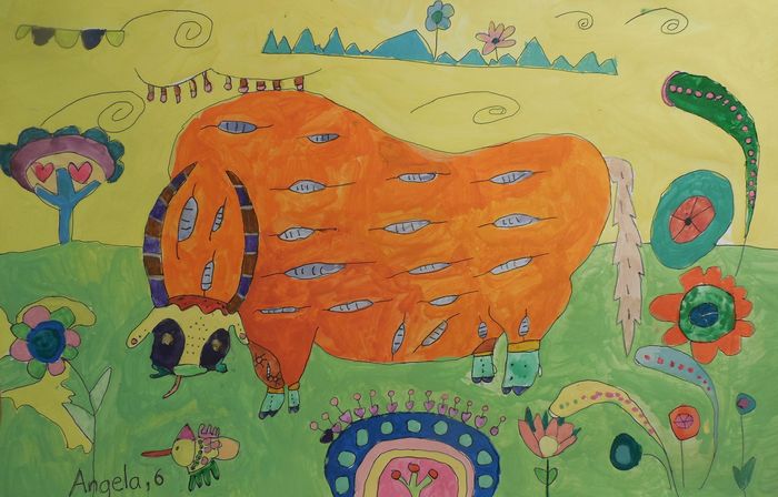 Art Studio PALETTE. Angela Kim Picture.  Marker, Tempera Animals Mix Fantastic Life of the Cow