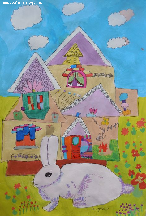 Art Studio PALETTE. Angela Kim Picture.  Marker, Tempera Landscape Houses 