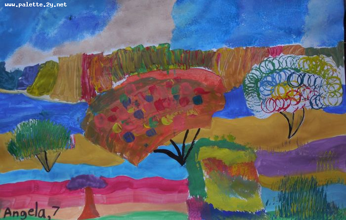 Art Studio PALETTE. Angela Kim Picture.  Tempera Landscape Nature 