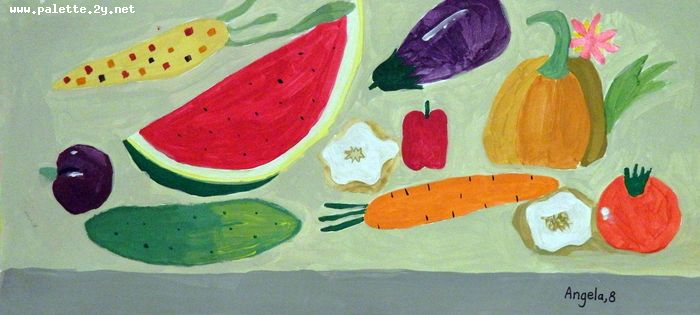 Art Studio PALETTE. Angela Kim Picture.  Tempera Still Life Fruits & Vegi 
