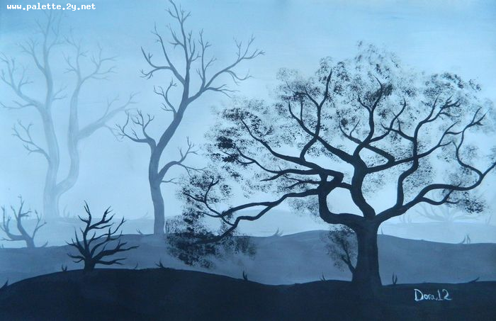 Art Studio PALETTE. Dora Wang Picture.  Tempera Landscape Trees 