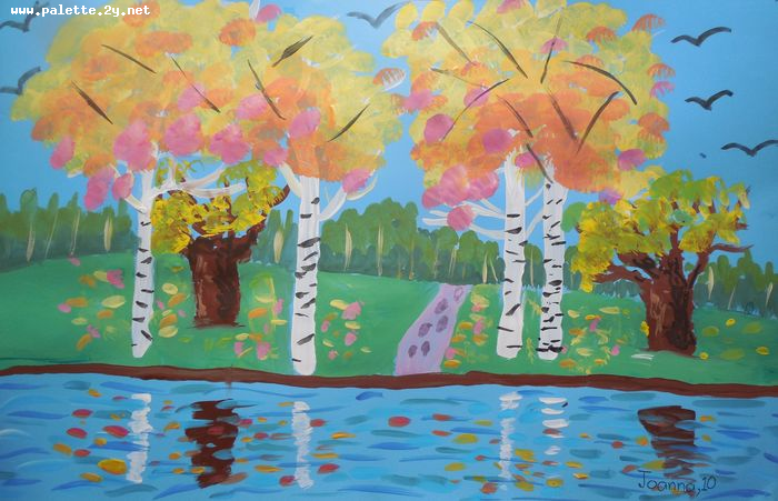 Art Studio PALETTE. Joanna Li Picture.  Tempera Landscape Fall 