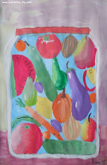 Art Studio PALETTE. Lucas Chen Picture.  Tempera Still Life Fruits & Vegi 