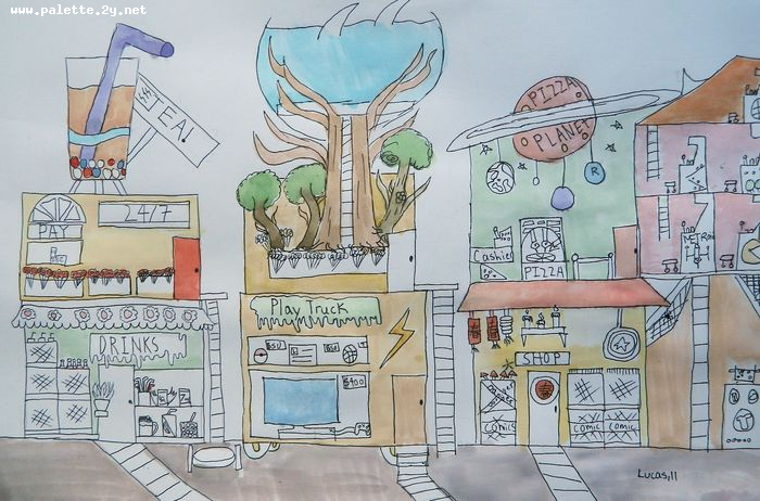 Art Studio PALETTE. Lucas Chen Picture.  Mixed Media Landscape Cityscape 