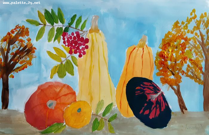 Art Studio PALETTE. Lucas Chen Picture.  Tempera Still Life Fruits & Vegi 