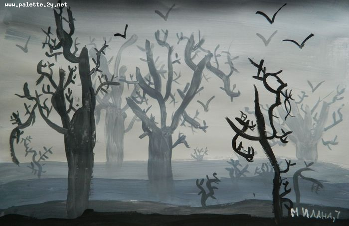 Art Studio PALETTE. Milana Baiman Picture.  Tempera Landscape Trees 