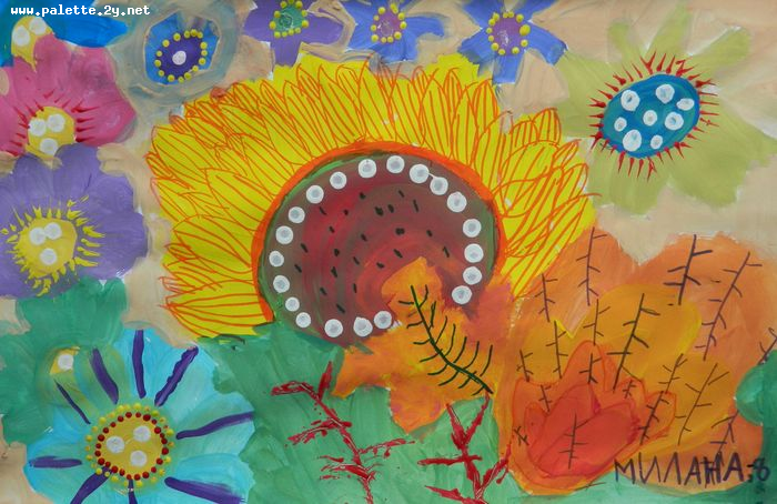 Art Studio PALETTE. Milana Baiman Picture.  Mixed Media Plants Sunflowers 