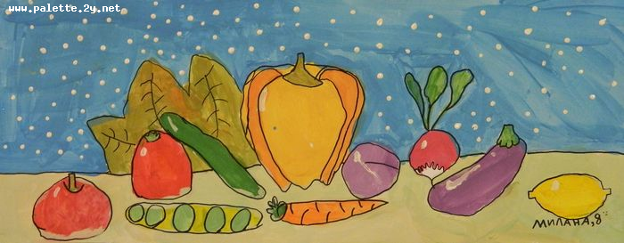 Art Studio PALETTE. Milana Baiman Picture.  Marker, Tempera Still Life Fruits & Vegi 