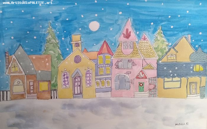 Art Studio PALETTE. Milana Baiman Picture.  Watercolour, Ink Landscape Houses 