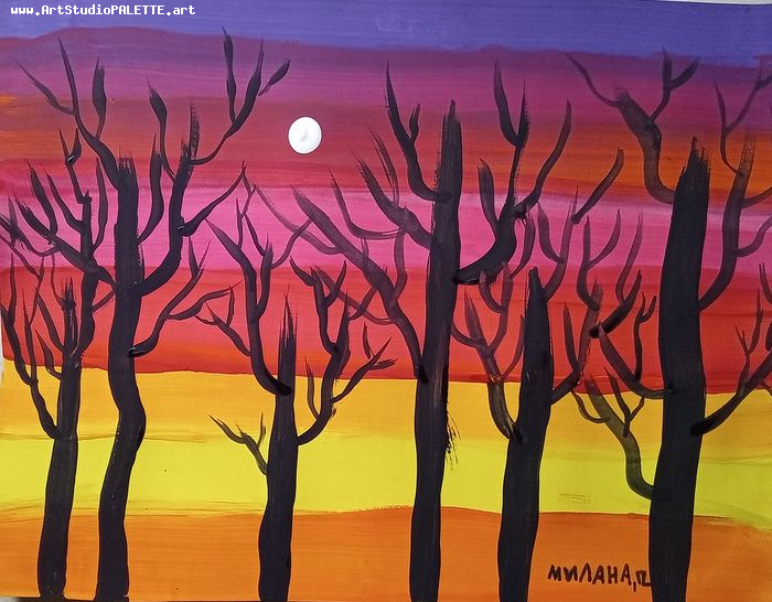 Art Studio PALETTE. Milana Baiman Picture.  Tempera Landscape Trees 