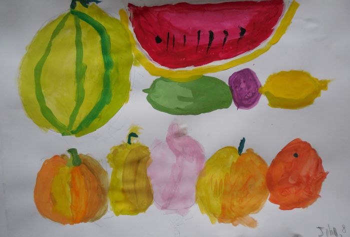 Art Studio PALETTE. John  Li Picture.  Tempera Still Life Fruits & Vegi 