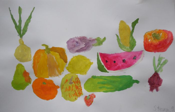 Art Studio PALETTE. Steven Pu Picture.  Tempera Still Life Fruits & Vegi 