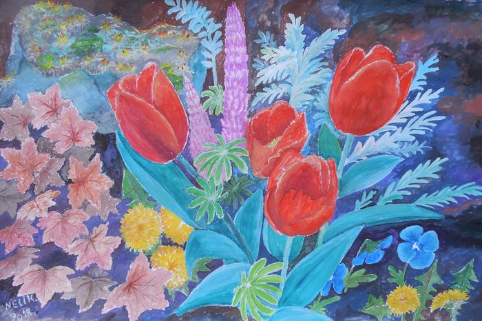 Art Studio PALETTE. Neli Kapytskaya Picture.  Tempera Plants Garden 