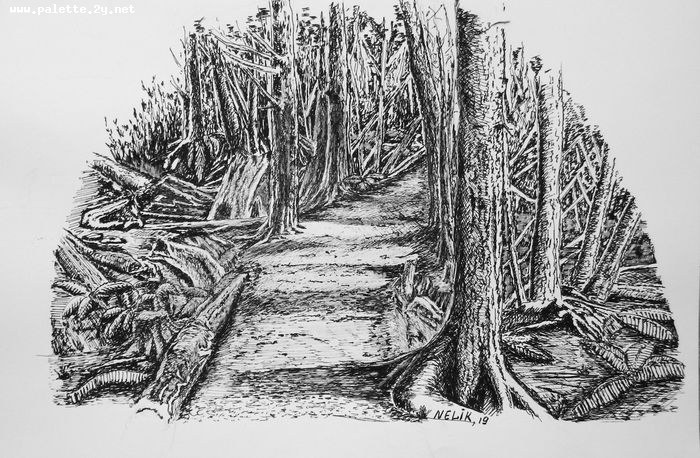 Art Studio PALETTE. Neli Kapytskaya Picture.  Ink Landscape Nature 